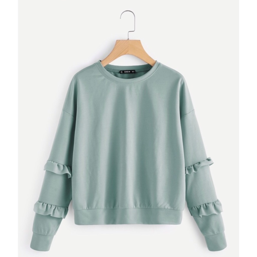 SHEIN Women Sage Green Drop Shoulder Frill Ruffle Sleeve Sweatshirt Size L